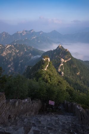 俯瞰,中国,北京,历史古迹,箭扣长城,建筑,自然风光,山川,植物,树木,森林,天空,雾