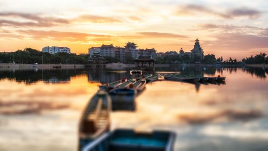 天空,建筑,霞光,自然风光,城镇,白云,全景,湖泊
