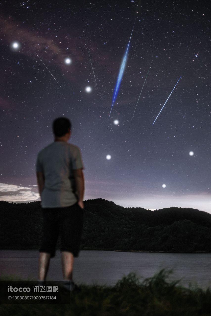 流星雨,天空,湖泊