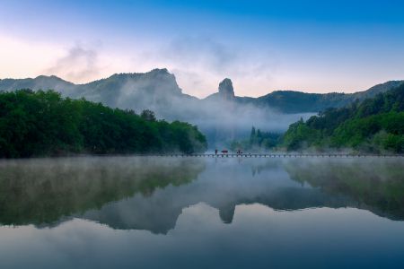 自然风光,天空,森林,山川,湖泊,桥,动物,植物,树木,雾,全身像,环境人像,牛