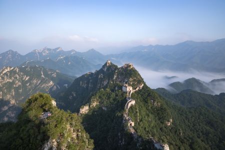 中国,北京,俯瞰,箭扣长城,历史古迹,自然风光,森林,山川,天空,植物,树木,建筑,雾