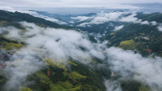 自然风光,白云,航拍,梯田