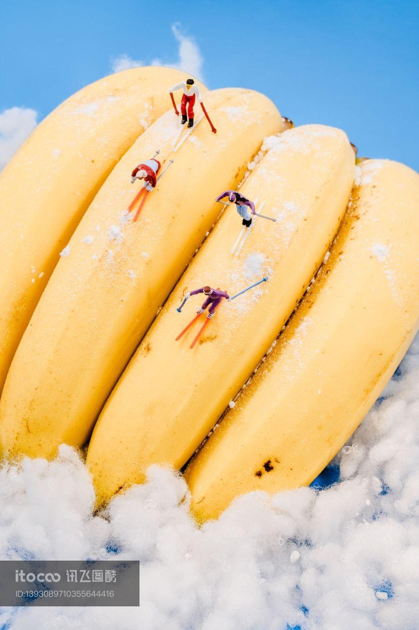 香蕉,微缩模型,滑雪