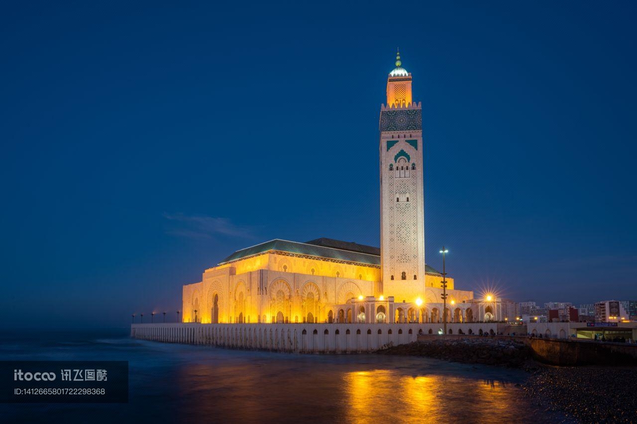 摩洛哥卡萨布兰卡,建筑夜景,城镇