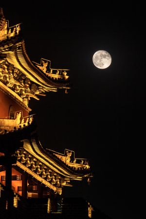 中国,圆月,传统建筑,建筑,城镇,历史古迹,夜晚,月亮,建筑夜景,山西,大同
