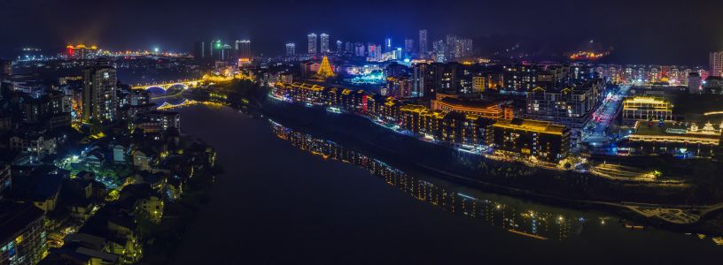 城镇,建筑,夜晚,航拍,江河