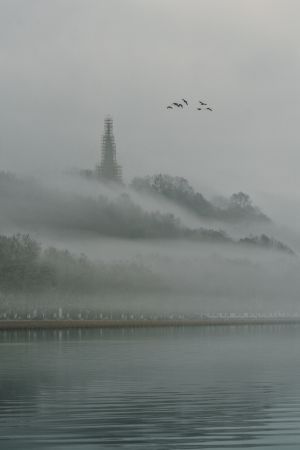 自然风光,湖泊,山川,塔,鸟类,烟雾,历史古迹