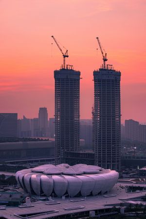 奥体中心大莲花体育场,日落,全景,天空,航拍,建筑,杭州,城镇