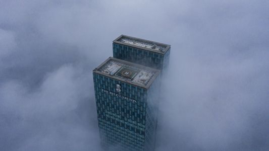 高楼大厦,建筑,雾,城镇,特写,俯瞰