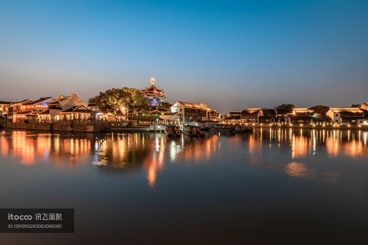 建筑夜景,都市夜景,苏州山塘夜景日落