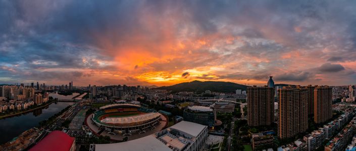 城镇,都市,晚霞,天空,建筑,全景