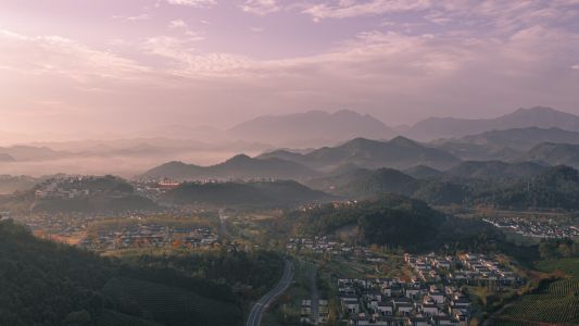 雾,自然风光,航拍,山川,村镇,建筑,植物,树木,城镇,道路