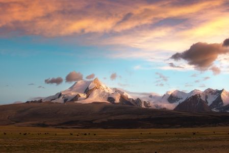 雪山,平原,天空,新疆,新疆阿里,自然风光,全景,白云
