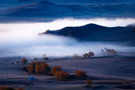 自然风光,植物,俯瞰,草原,雾,山川,树木,建筑