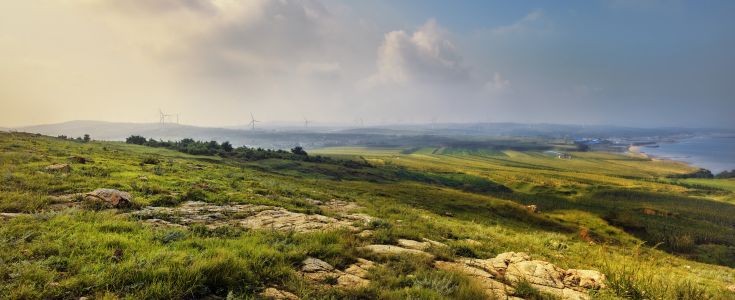 草原,自然风光,天空,江河,白云,建筑,岩石,风车