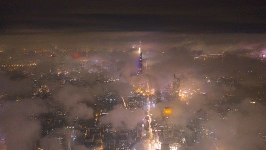 城镇,都市,建筑,夜晚,高楼大厦,雾,航拍,全景