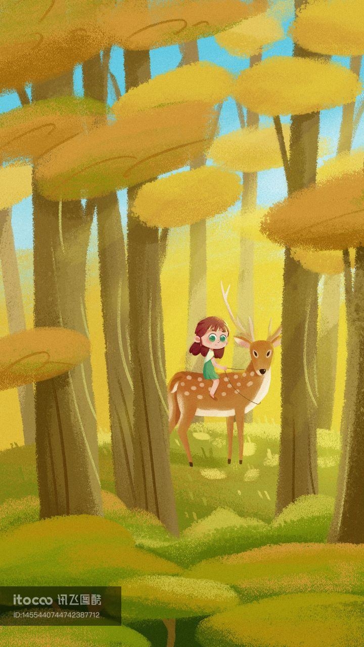 麋鹿女孩,树林,插画