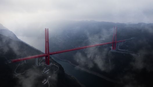 自然风光,雾,航拍,桥,山川,道路,植物,建筑,江河