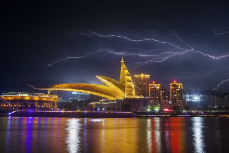 都市,建筑,湖泊,雷电,城镇,夜晚,全景