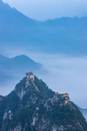 中国,北京,历史古迹,俯瞰,箭扣长城,自然风光,森林,山川,雾,植物,树木,建筑,天空