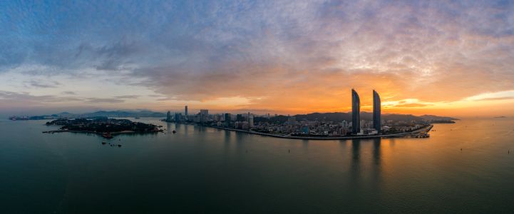 城镇,都市,建筑,日落,全景,天空,海洋,海岛,白云