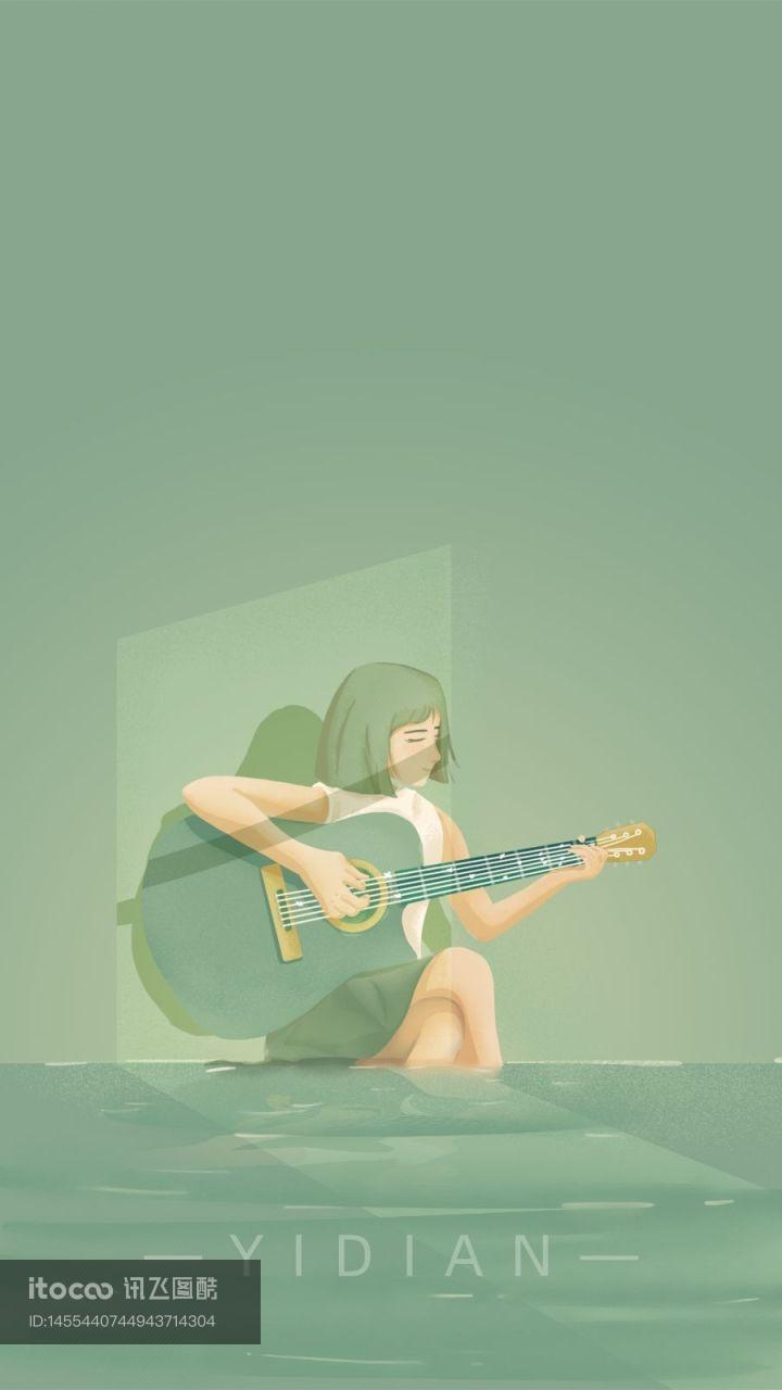 女孩,吉他,绿色