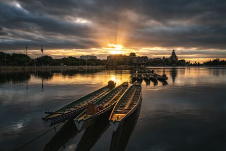 湖泊,船,自然风光,物品,天空,白云,建筑,全景,日落