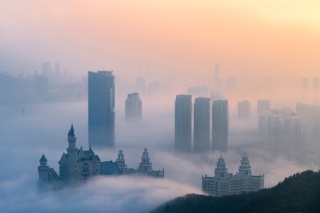 雾,中国,大连,莲花山观景平台,辽宁,建筑,都市,城镇,天空,气候气象