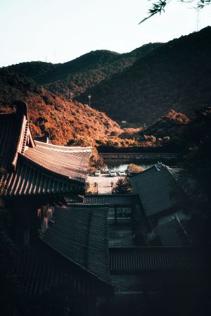 自然风光,航拍,俯瞰,传统建筑,历史古迹,森林,山川,植物,树木,建筑,天空,湖泊