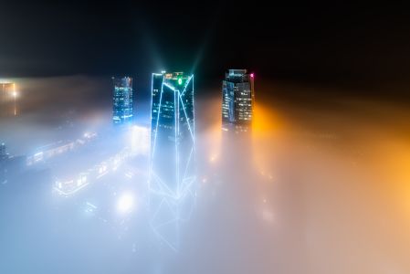 都市,建筑,云雾缭绕,高楼大厦,城镇,雾,夜晚,俯瞰