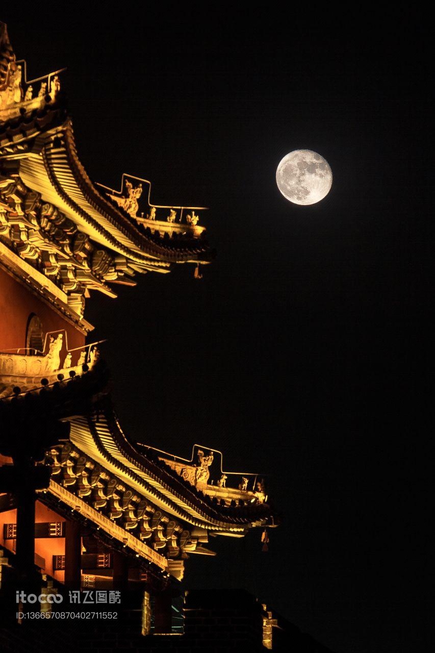 中国,圆月,传统建筑