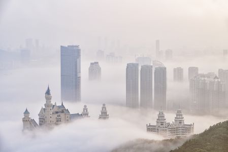 建筑,天空,云雾缭绕,航拍,大连,莲花山观景平台,自然风光,中国,辽宁