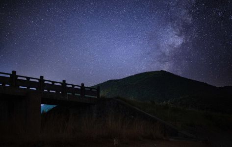 自然风光,夜晚,仰拍,星空,山川,植物,道路,桥
