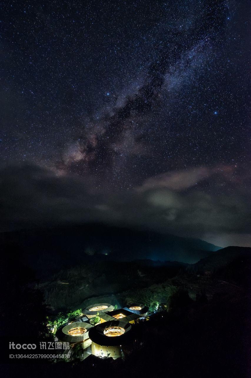 星空,山川,建筑