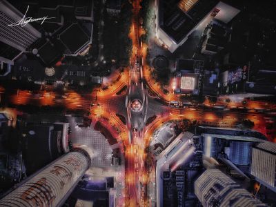 夜晚,航拍,建筑,城镇,都市,俯瞰,道路,植物,树木,交通工具,汽车