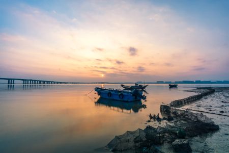 自然风光,日落,天空,交通工具,船,江河,桥