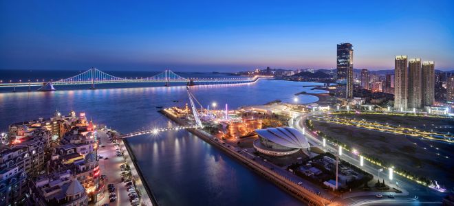 建筑夜景,都市夜景,大连湾,大连跨海大桥,建筑,城镇,海洋,现代建筑,桥梁
