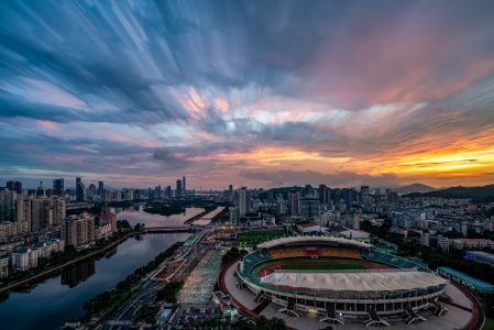 城镇,都市,晚霞,天空,建筑,全景