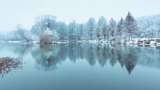 自然风光,冬天,湖泊,森林,雪,植物,树木,天空,建筑