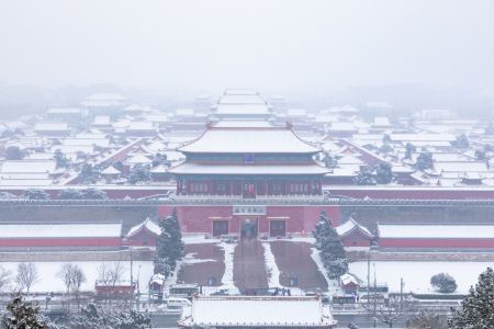 建筑,中国,北京,冬天,雪,航拍,俯瞰,古建筑,北京故宫博物院,历史古迹,天空,城镇,自然风光,景山公园