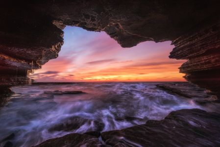 自然风光,日落,天空,海洋,岩石,海洞窟