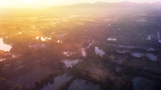 航拍,太阳,湖泊,天空,日出,建筑,植物
