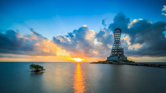 海洋,天空,太阳,白云,霞光,建筑,自然风光,日落