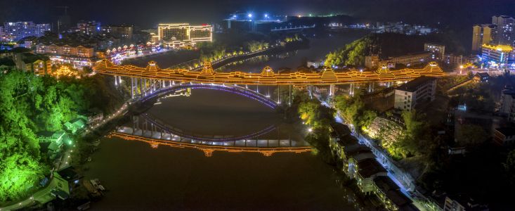 桥,夜晚,城镇,建筑