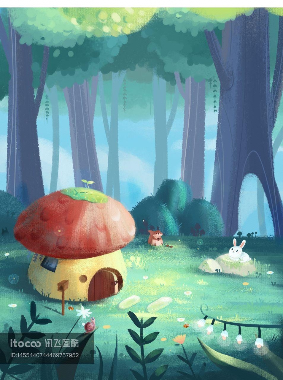 蘑菇屋,小兔子,树林