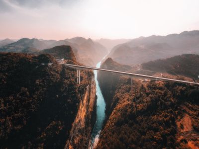 自然风光,道路,山川,桥,天空,雾,建筑,航拍,植物,树木,江河