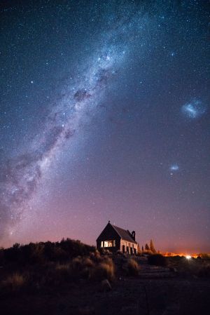 星空,夜晚,新西兰,自然风光,全景,天文摄影,国外,建筑,天空,教堂,植物,城镇,青草