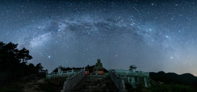 星空,佛像,宗教文化,夜晚,全景,自然风光,山川,城镇